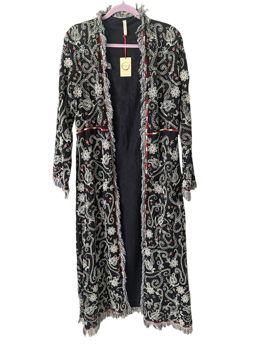 RAGA Duster embroidered w/fringe RARE piece Black, White & Red NWT Small $295
